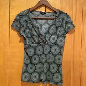 Vintage Alfani Womens‎ Babydoll Green Print Mesh Top-Y2K-Sz M-Fairy Grunge